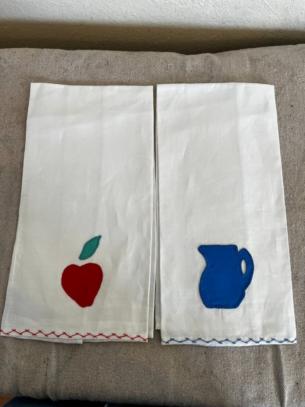 Vintage Handmade Embroidered Farm-House Country Linen Tea Towels